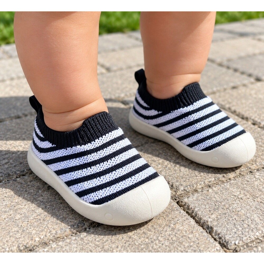 Baby Kids Black & White Striped Slip-On Shoes Size EU 18 / US Baby 2